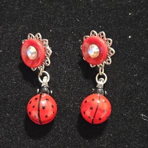 Red Ladybug Drop Earrings